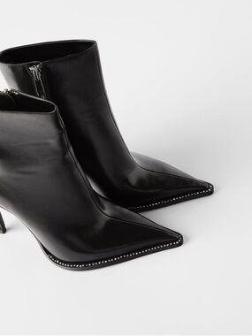 Zara Black Pointed Leather Ankle Boots with Studded Edge